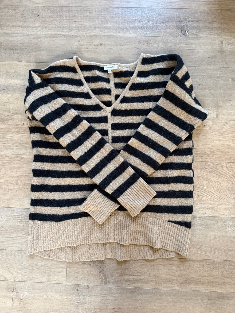 Madewell Beige and Black Striped V-Neck Sweater